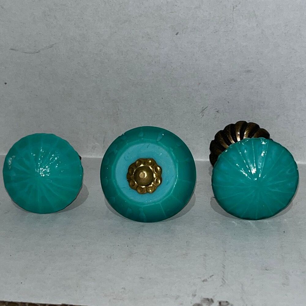 Set of 3 Turquoise Milk Glass‎ Fanfare Cabinet Knobs with Brass Base Plate